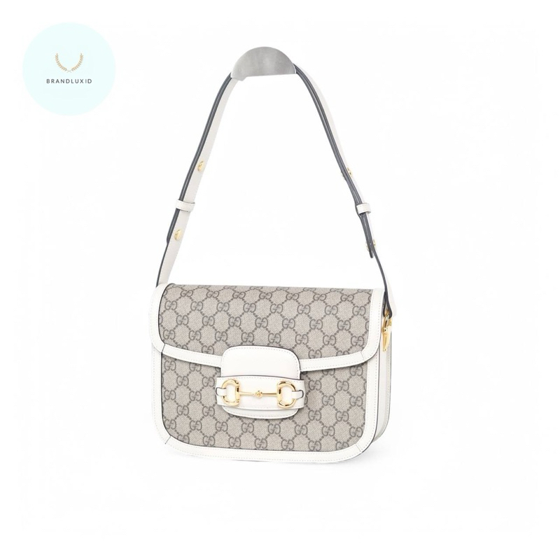 Gucci GG Small Horsebit 1955 Shoulder Bag Canvas in Beige/ White Dark Blue