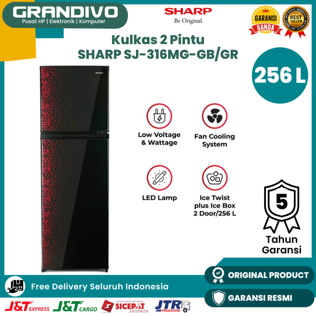 Kulkas Sharp 2 Pintu 256 Liter SJ 316MGGB/316MGGR Tanpa Bunga Es Low Watt LED Lamp Ice Twist Big Fre