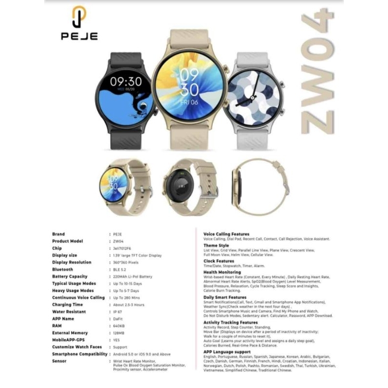 PEJE smart watch IP68 zw04