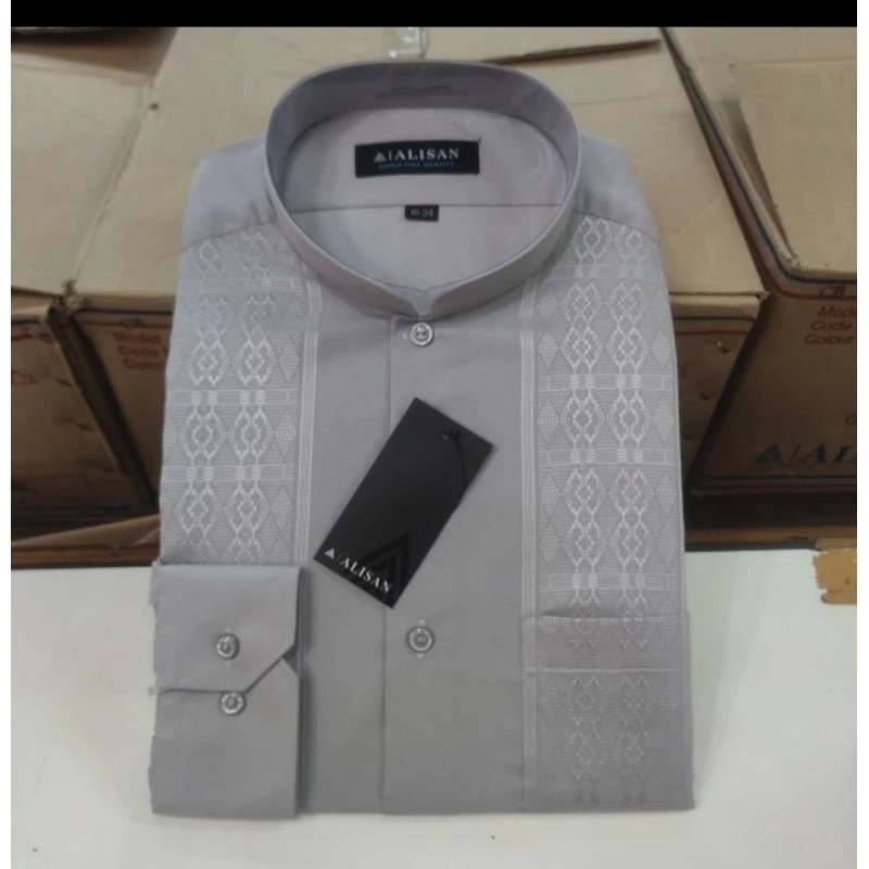 Kemeja Alisan Koko Bordir Abu Muda Lengan Panjang Reguler