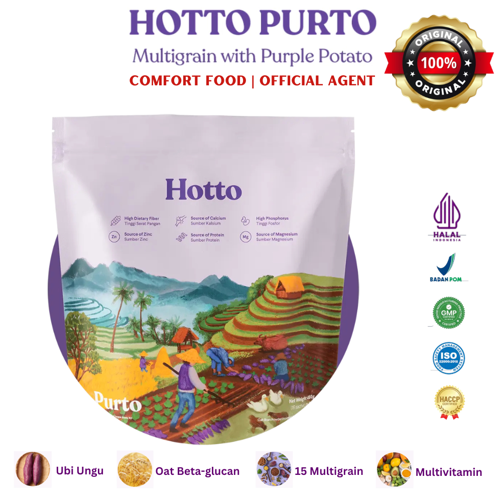 

Hotto Purto dengan Ubi Ungu, Oat, 15 Biji-bijian | Serat, Multivitamin, Antioksidan | Isi 5 Sachet