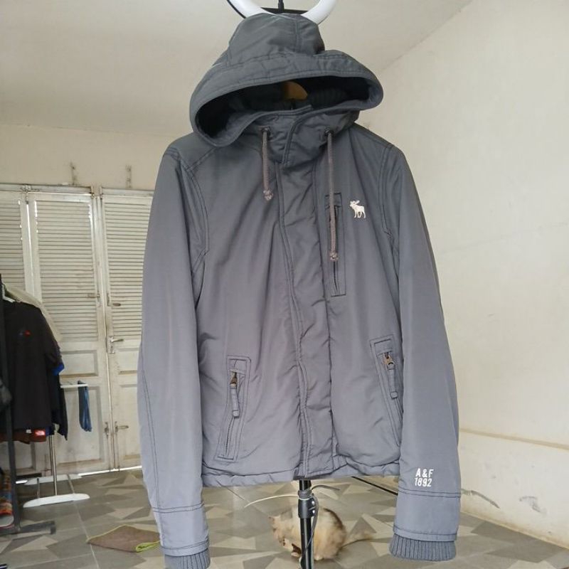 Jeket winter ABERCROMBIE second Original warna abu pekat hoodie permanen resleting tali serut kancin