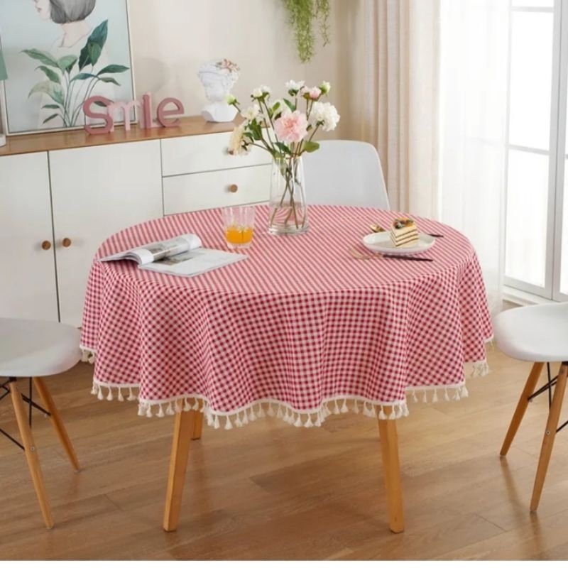 taplak meja  tamu  meja makan motif kotak kotak renda rumbai bundar