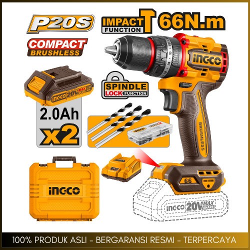 Bor Impact Baterai 20V P20S Brushless Impact Drill (66Nm 13mm) INGCO CIDLI20668 Bor Compact Cordless