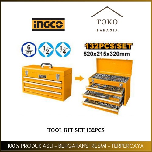 Kotak Perkakas Tool Kit Set 132-Pcs Mechanical Tools Chest Set (18Kg) INGCO HTCS221321 Paket Box Kot