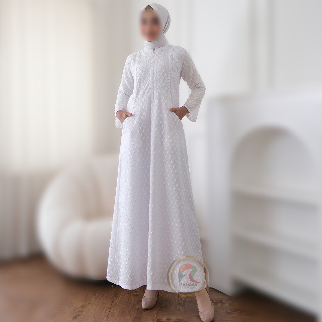 Raisma - Gamis Putih Muslimah Katun Jepang Motif Polkadot Busana Ihrom Dan Haji
