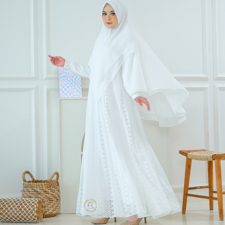 Raisma - Gamis Putih Syari Model Mix Brokat Zubaidah