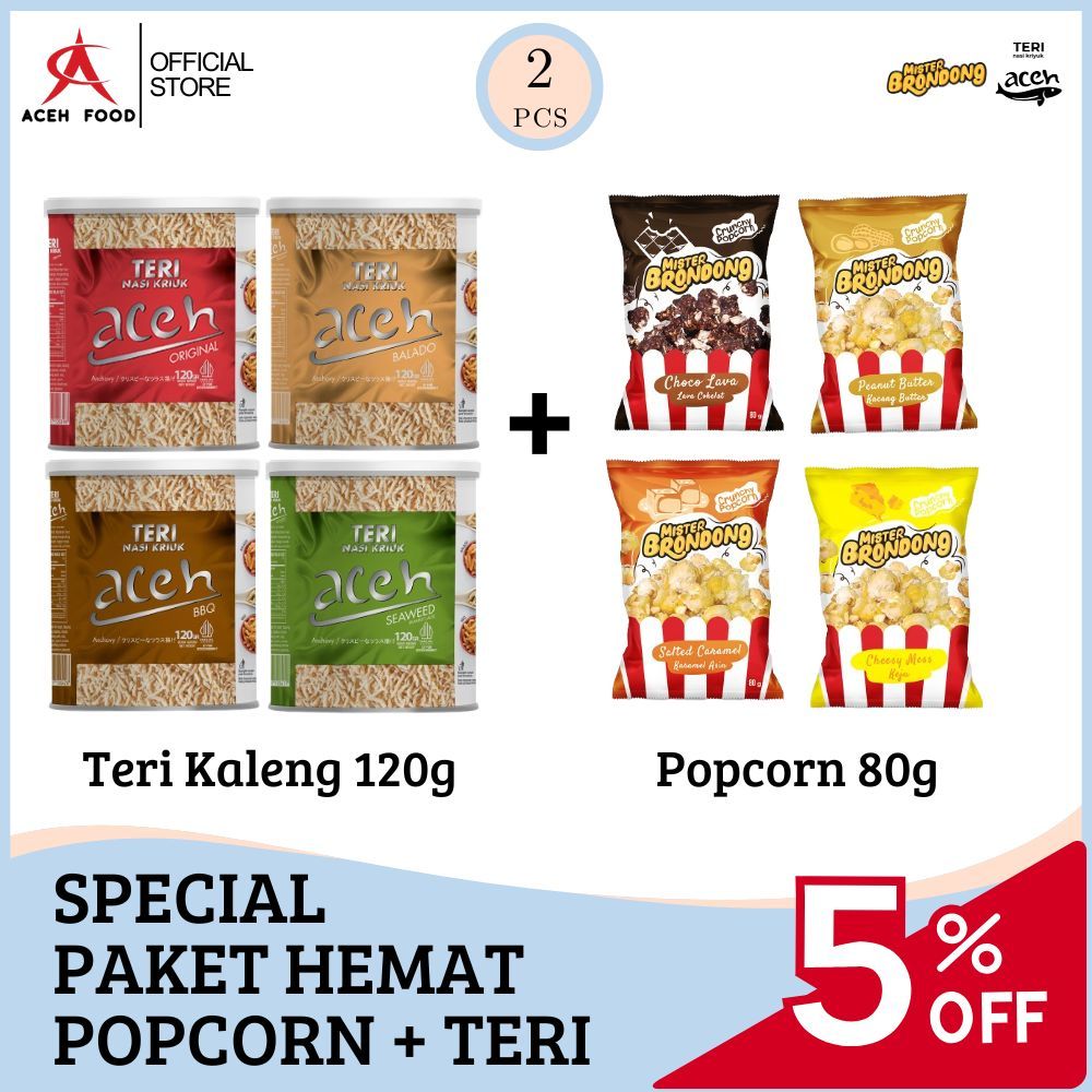 

ACEH FOOD - Bundling Hemat Teri Kaleng 120g dan Popcorn Mister Berondong 80g | Makanan Ringan Snack