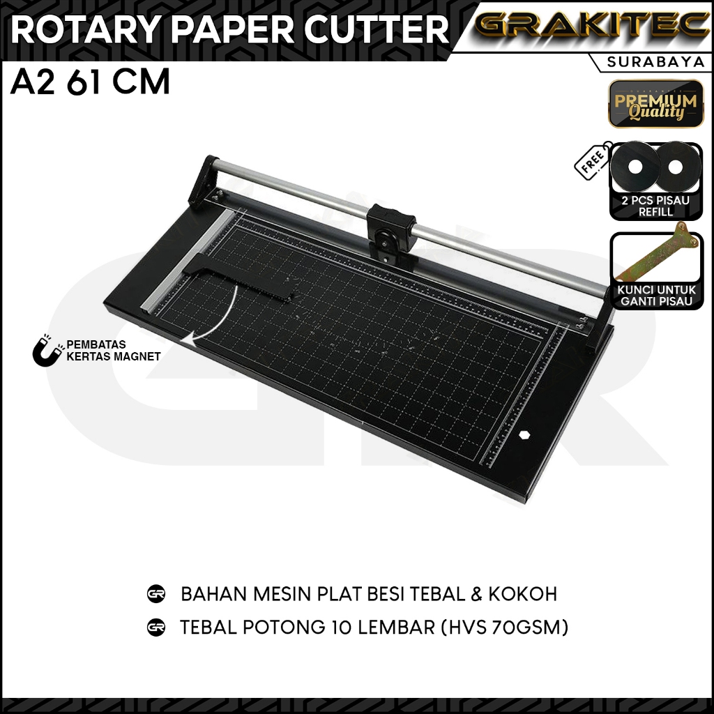 

Rotary Paper Cutter Trimmer A2 / 61 cm - Alat Potong / Pemotong kertas Hvs, Kertas foto Photo glossy, Sticker, Art Paper, A1, A2, A3, A4, A5, A6, Pas Photo SBY