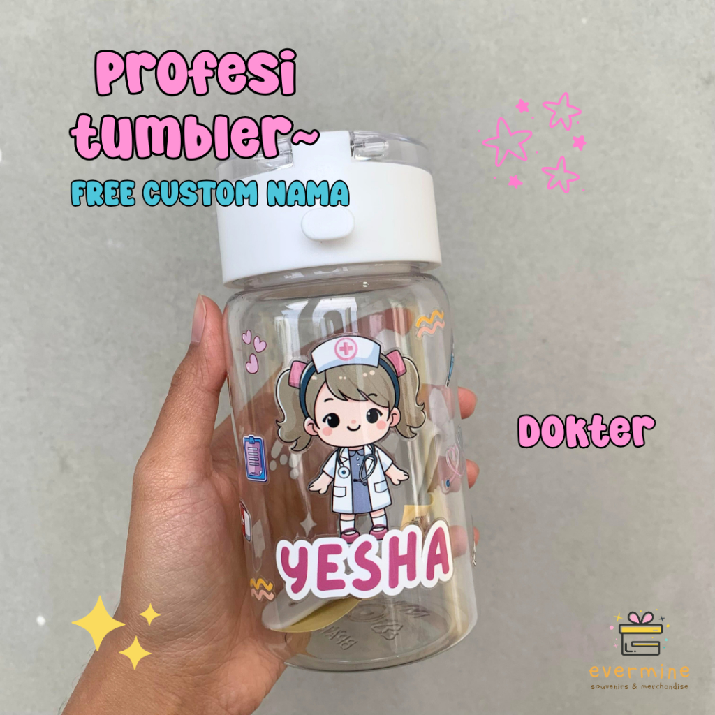 [Profesi Dokter] Tumbler Botol Minum Putih Tranparant BPA FREE Custom Profesi Nama Souvenir Ulang Ta