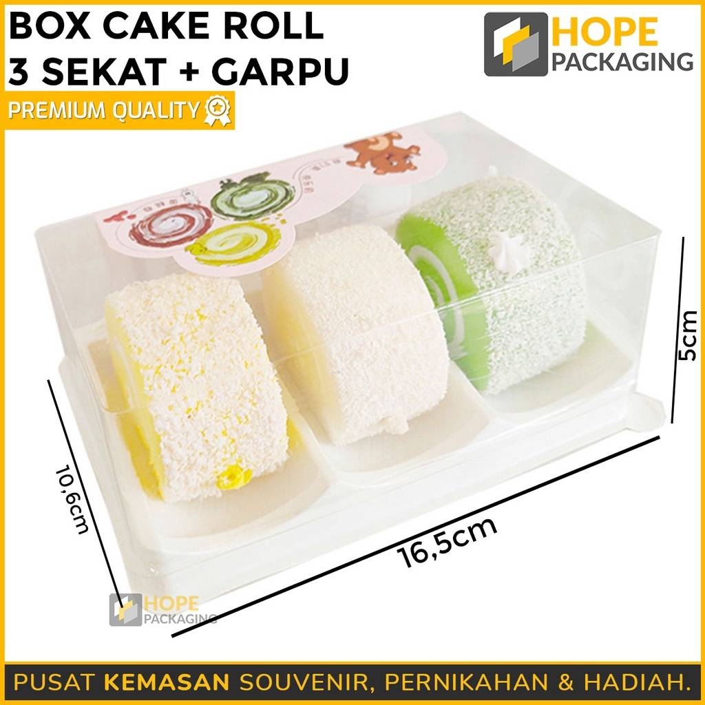 [HARGA / 3 PCS ] Box Cake Roll 3 sekat + Garpu + Tutup / Box Mika Roll / Mika Slice Cake Roll isi 3