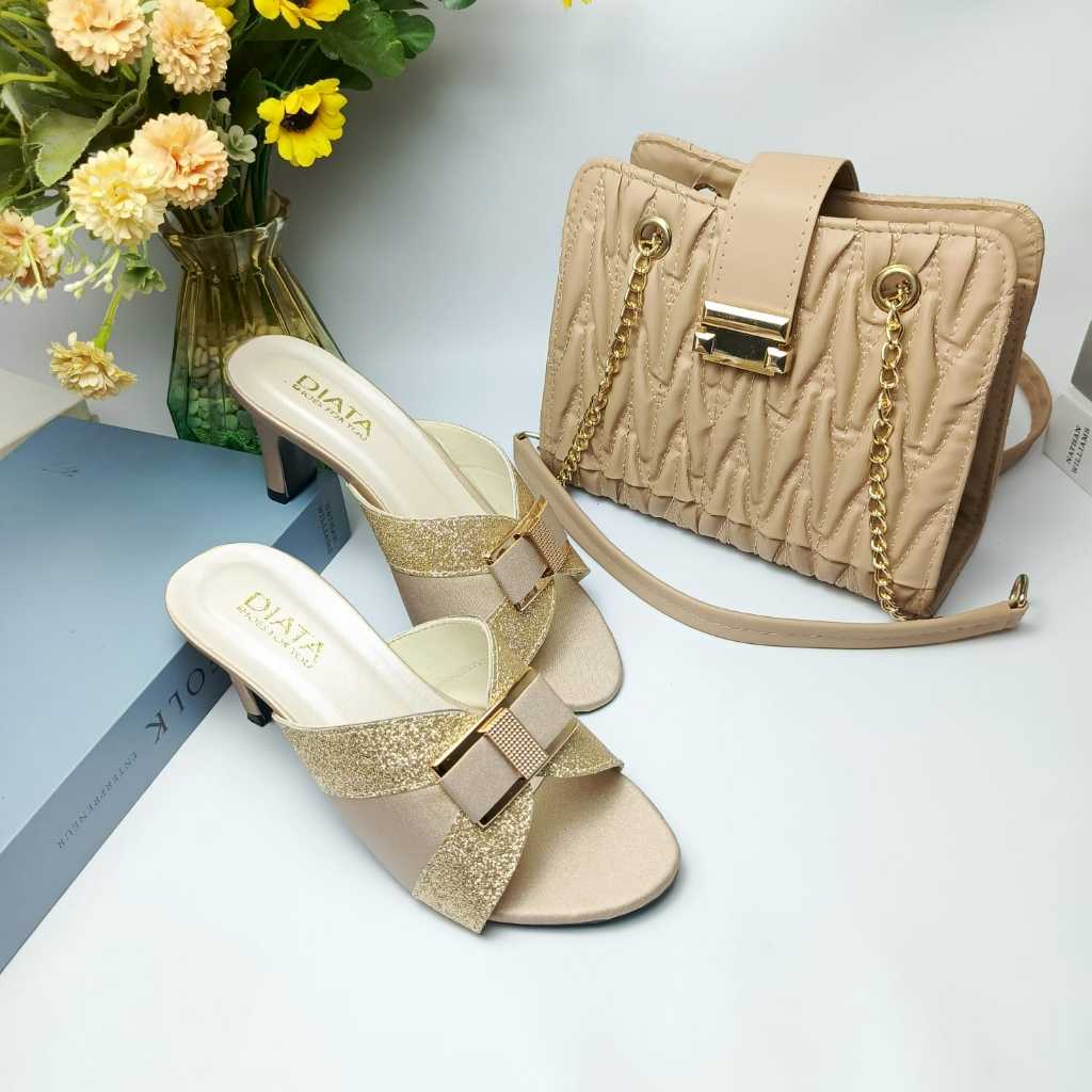 LARISBAGS1 Tas Selempang Rantai Wanita dan Sandal Heels 7cm Pesta Pernikahan Kondangan