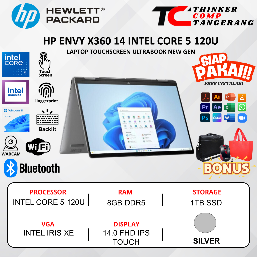 Laptop 2in1 Hp Envy X360 14 Intel Core 5 120U 8GB DDR5 Toucscreen Windows 11