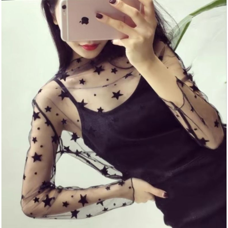 IB Inner Blouse Dalaman Atasan Transparan Wanita Baju Korea Import Warna Hitam Motif Star
