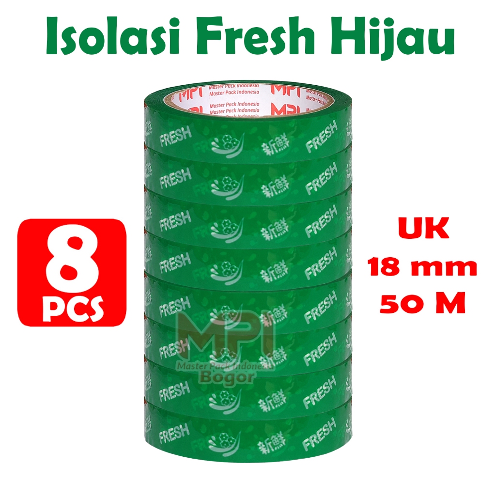 

8 PCS - Isolasi Fresh Hijau 18 mm x 50 Meter - Lakban Untuk Sayur & buah Fresh - Master Pack Indonesia Bogor