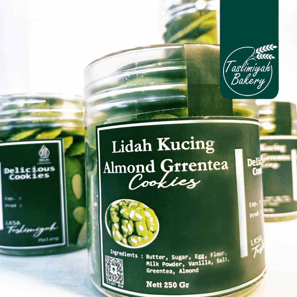 

TASLIMIYAH BAKERY Kue Lidah Kucing Almond Greean Tea / Kue Lebaran Gurih Dengan Potongan Almond