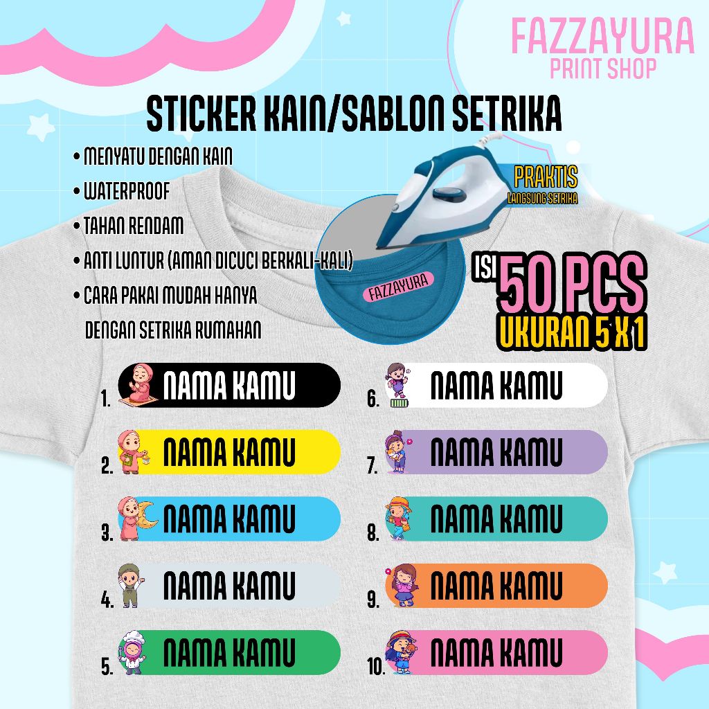 

TERMURAH ISI 50 PCS | STICKER KAIN/SABLON SETRIKA/SABLON NAMA | TEMA GIRL