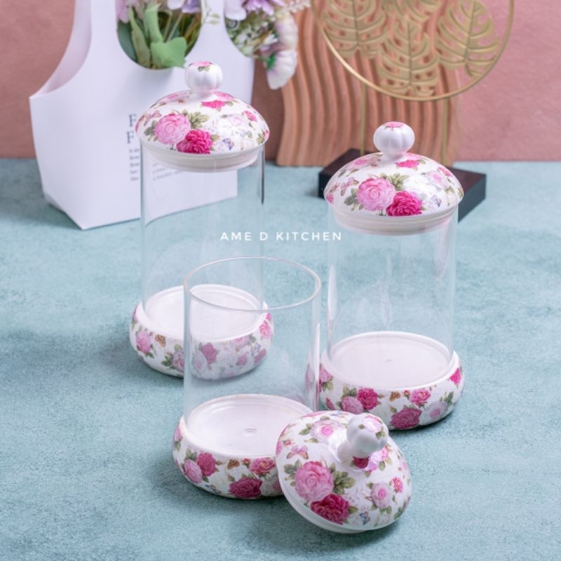 Toples set kaca isi 3 tutup keramik bunga shabby pink capodimonte/ 3 pcs elegant canister shabby set