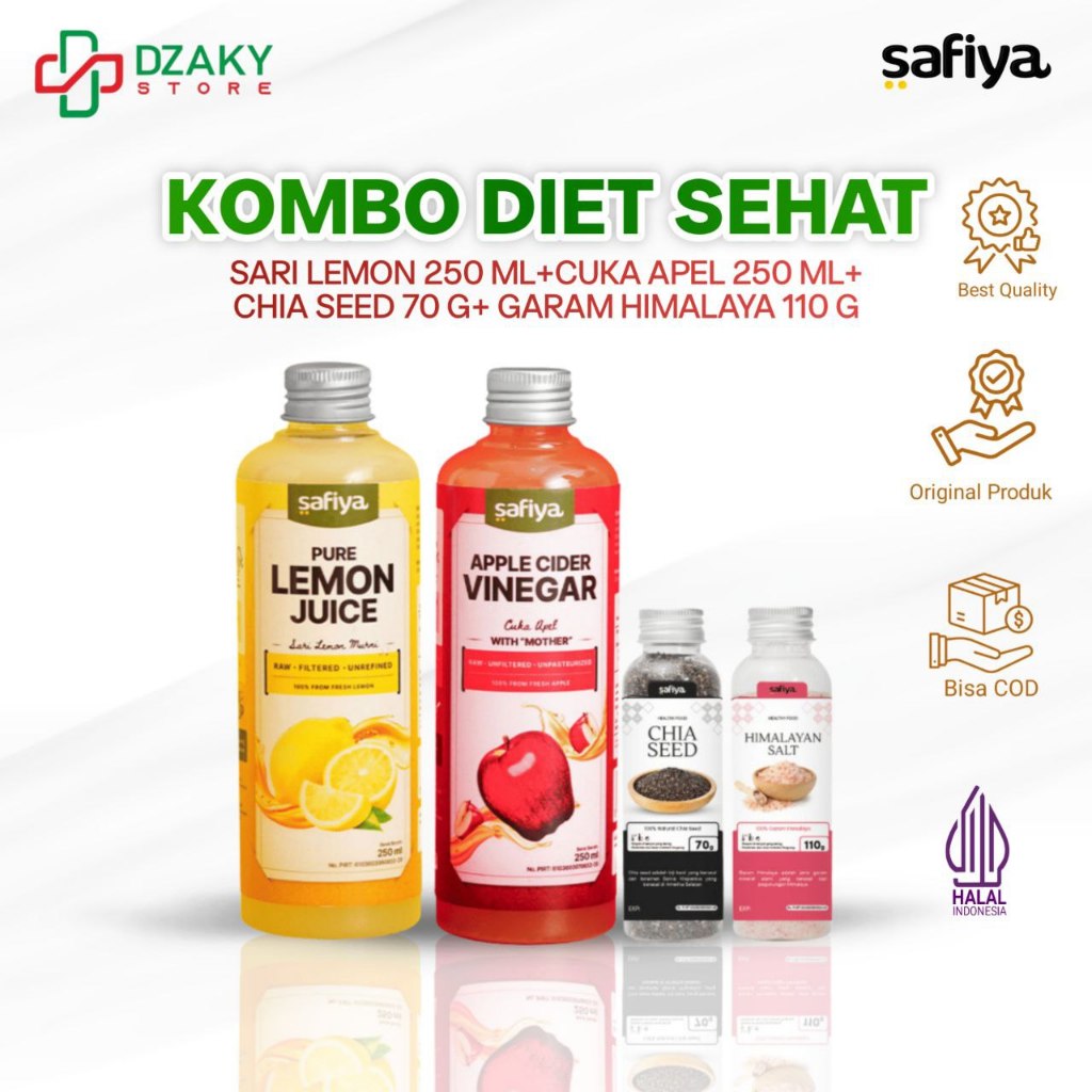 

Safiya Paket Diet 4in1 Cuka Apel 250ml + Sari Lemon 250ml + Chiaseed 70gr + Garam 110gr