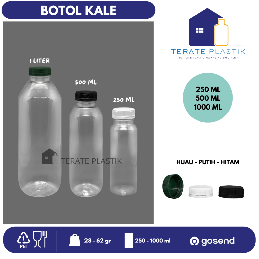 Botol Kale 250ml, 500ml, & 1000ml/1L | Plastik PET Premium Bahan Tebal  Terate Plastik Bandung