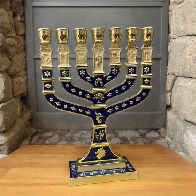 Menorah Hanukkah Kaki Dian 7 Cabang 12 Tribes Souvenir Rohani Kristen Profetik Mesianik Judaica