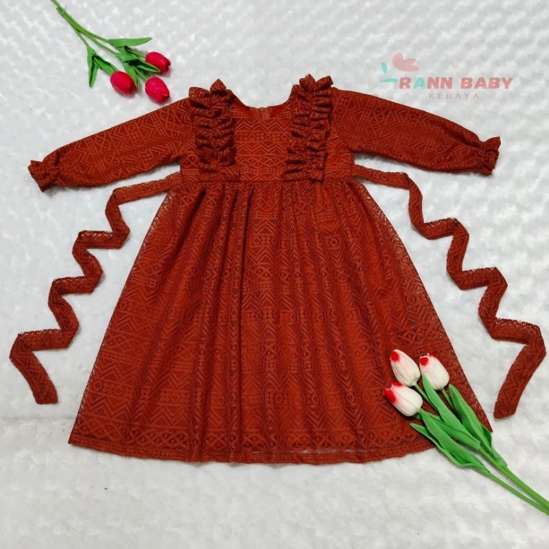 GAMIS BAYI DAN ANAK / DRESS BAYI DAN ANAK / GAMIS LEBARAN ANAK BAHAN BROKAT FULL VURING WARNA TERACO