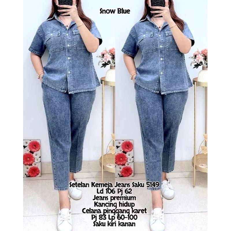 Stelan jeans denim kode 5149 atasan kemeja jumbo 3L ld108 pj60, celana pinggang karet lp maksimal 10