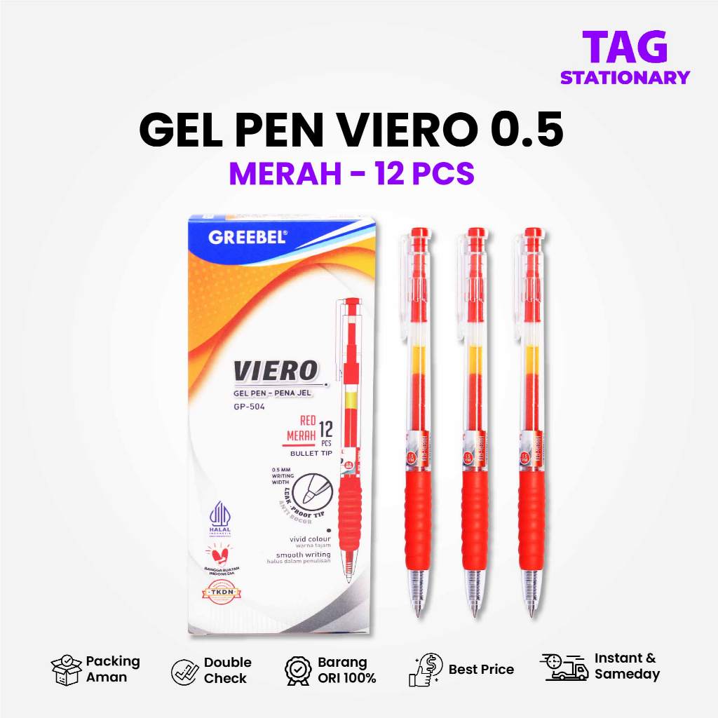 

GREEBEL Bolpen Pulpen Gel / Gel Pen GP-504 Viero 0.5 Tinta Merah (12PCS/SET) / Ballpen Pulpen Cetek