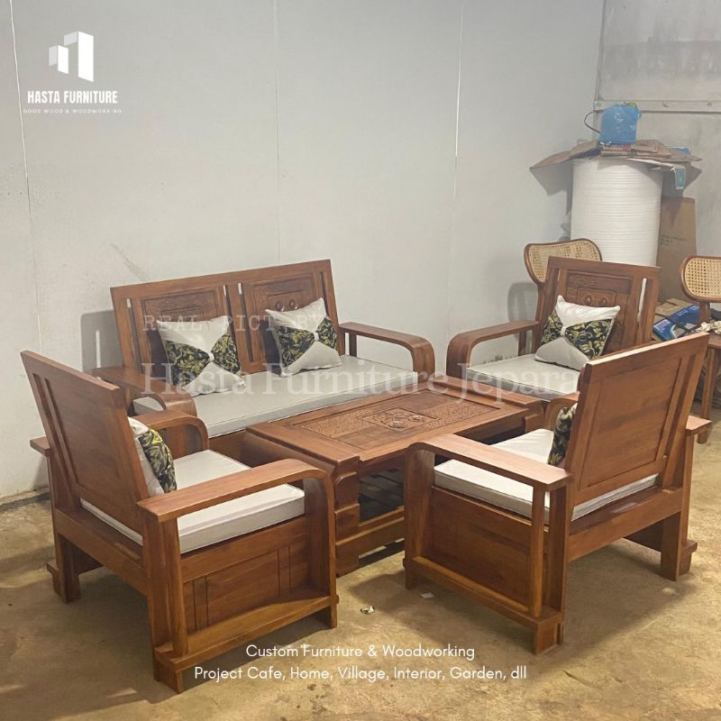 HASTA - Set Kursi/ Sofa Ruang Tamu Kayu Jati Furniture Jepara, 1 Set Kursi+Meja+Busa