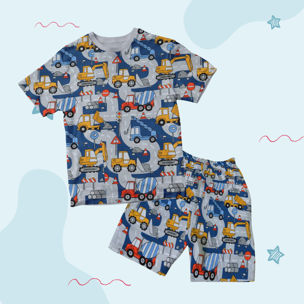 Baju Kaos Setelan Printing Anak Laki Laki Karakter Kartun Motif Excavator Keren 1 10 Tahun - FP