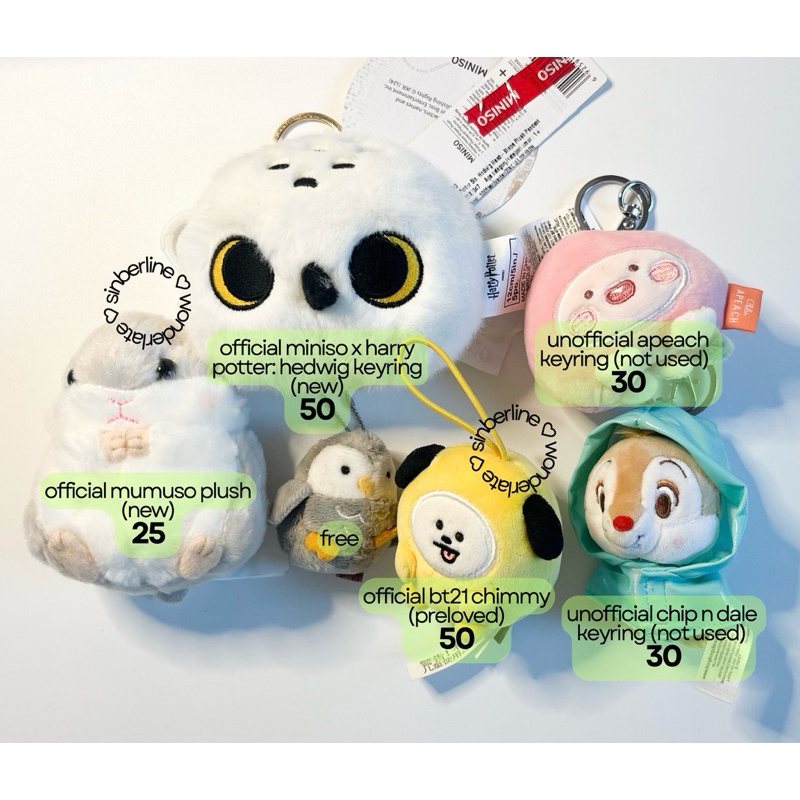 new & preloved miniso harry potter hedwig apeach mumuso mini owl bt21 chimmy chip and dale raincoat 