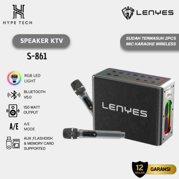 LENYES S-861 150WATT KTV WIRELESS SPEAKER WITH RGB LED LIGHT + KARAOKE WIRELESS MIC BLUETOOTH 5.0 PO