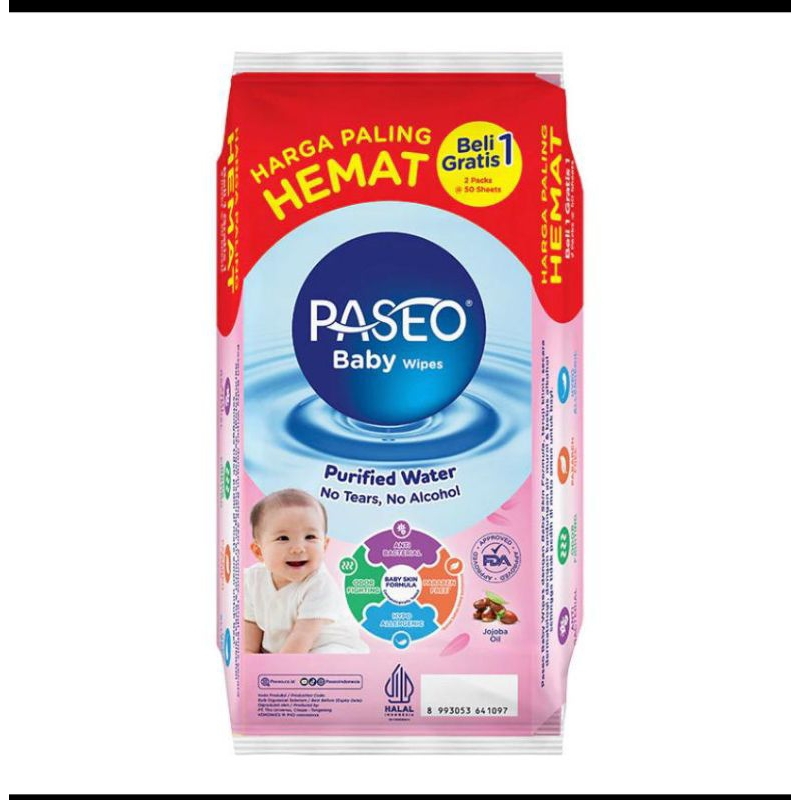 PASEO BABY WIPES PURIFIED WATER NO ALCOHOL BELI 1 GRATIS 1