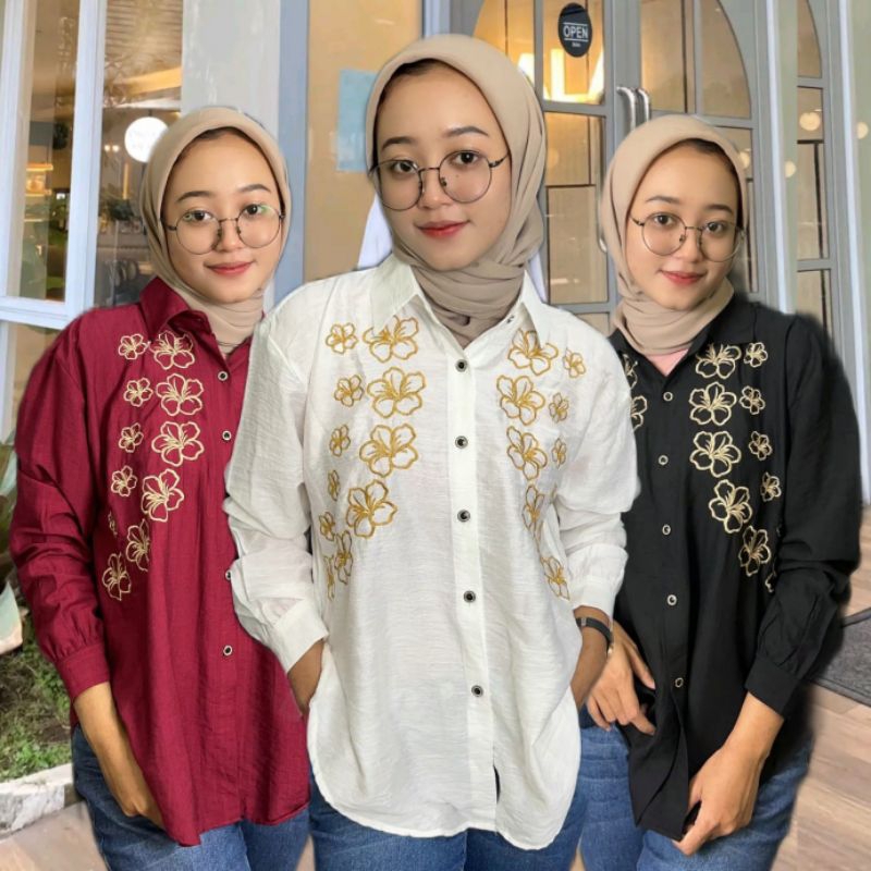 Kemeja Amanda Motif Bordir Terbaru / Kemeja Wanita Bordir Kekinian / Kemeja Motif Bordir Bunga / Blo