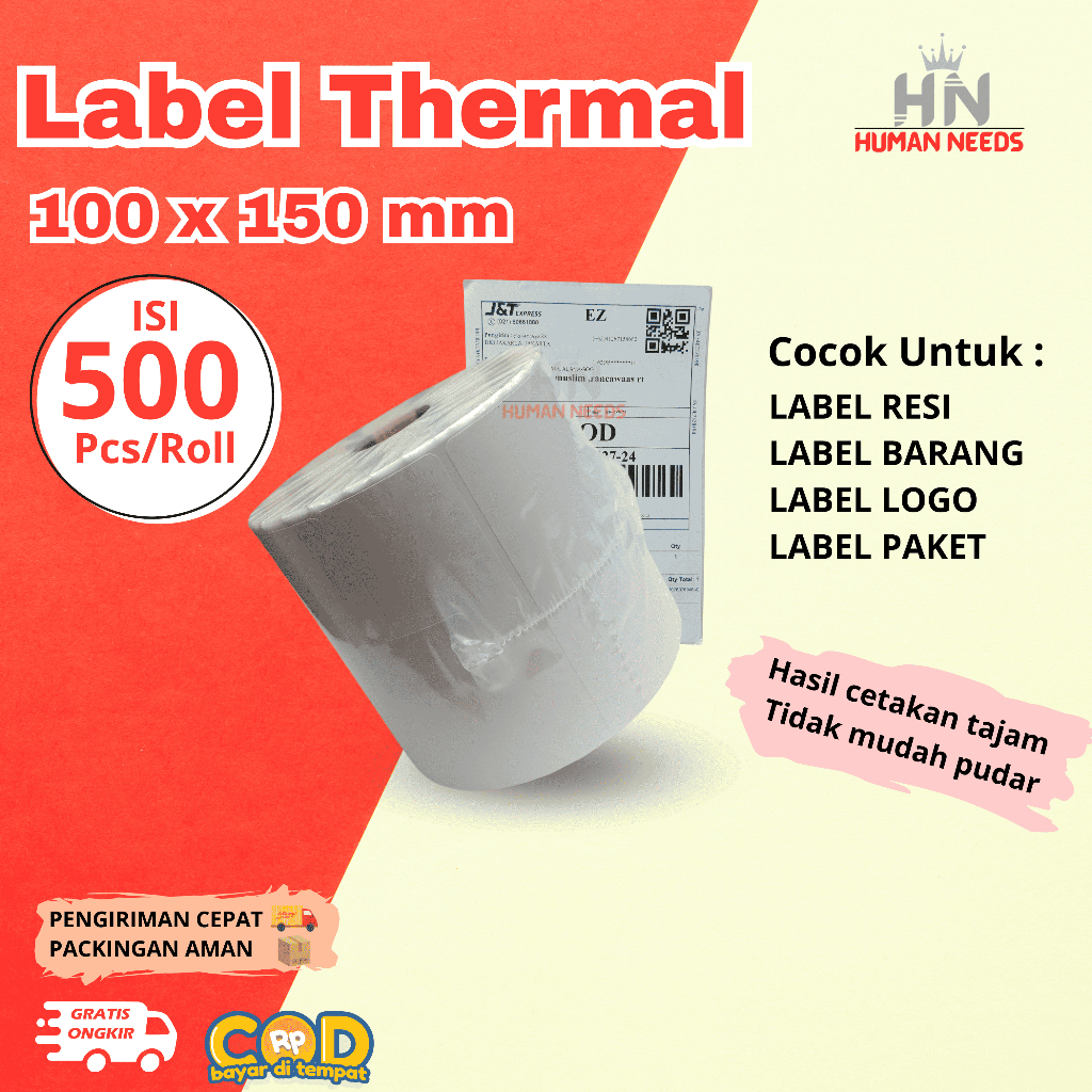 

KERTAS THERMAL LABEL STICKER 100X150 500PCS ROLL UKURAN A6 RESI BARCODE