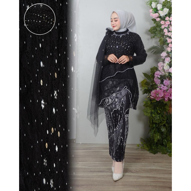 Setelan Dan Atasan Kebaya Salena Brukat Dewasa Mix Payet Mutiara Slendang Di Pundak Lepas Pasang Keb