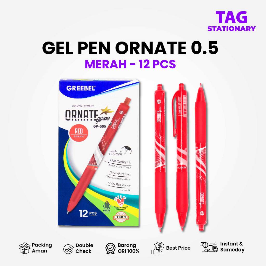 

GREEBEL PULPEN GEL / Gel Pen Ornate GP-505 0.5 Merah (12PCS/SET) / Ballpen Gel Bolpen Bolpoin Cetek