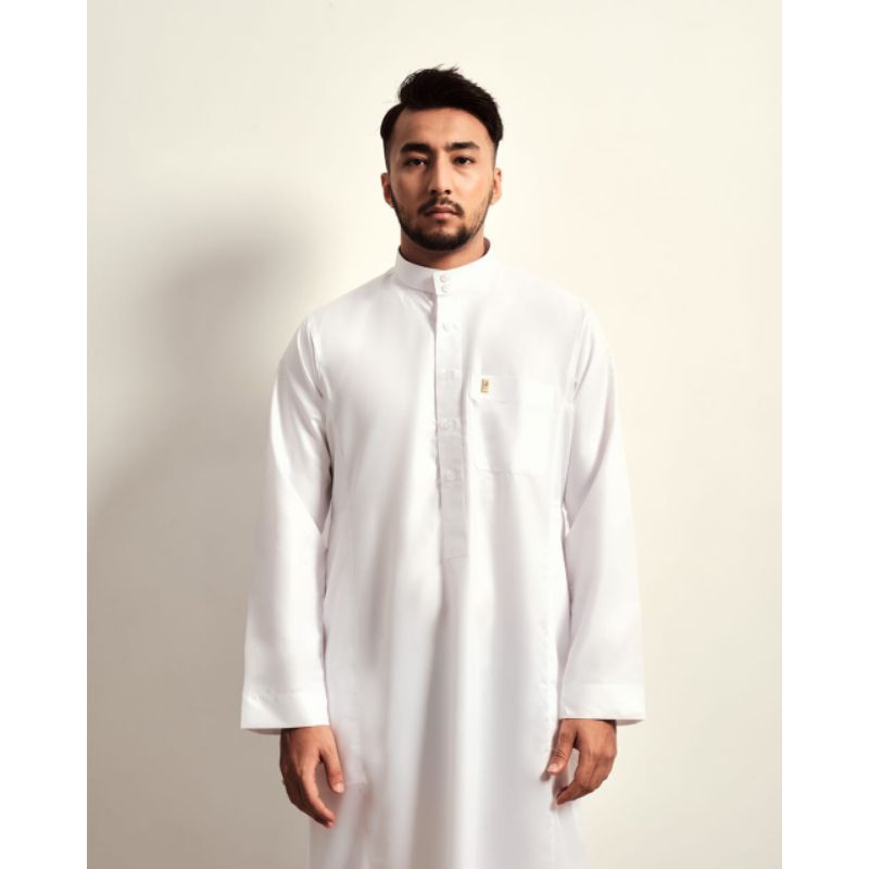 Jubah Gamis Thobe Pria Dewasa Al-Haram Warna Putih Polos Lengan Panjang Semi Slimfit