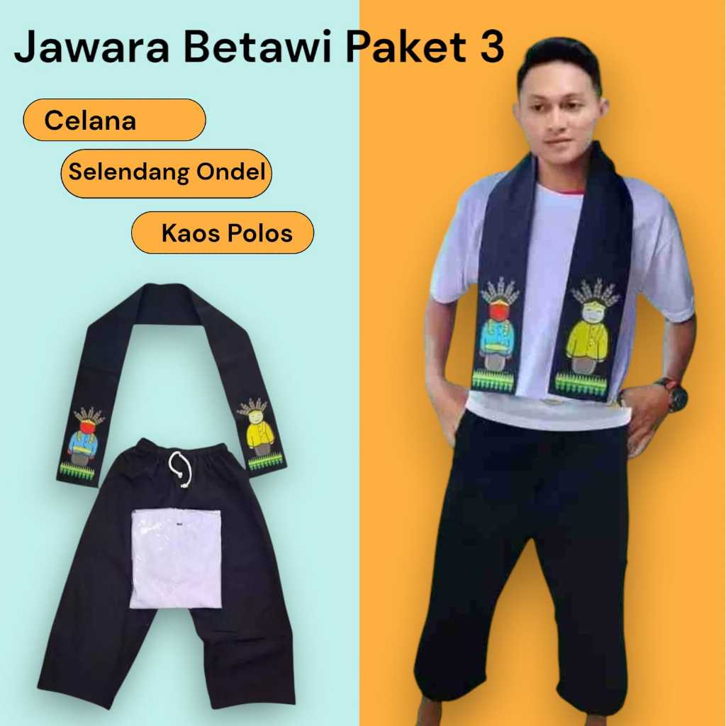 Setelan Baju adat Jawara Betawi dapat Celana Pangsi Selendang Ondel dan Kaos Polos