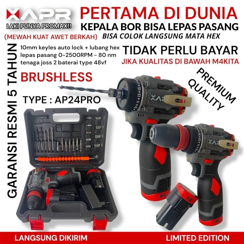 APR bor brushless driver 10mm keyless auto lock type ap24 pro series fullset accecoris mesin bor cor