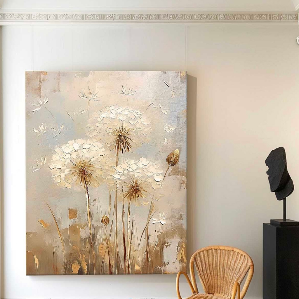 Lukisan Dinding Bunga Dandelion Beige Tekstur Netral Aesthetic Minimalis