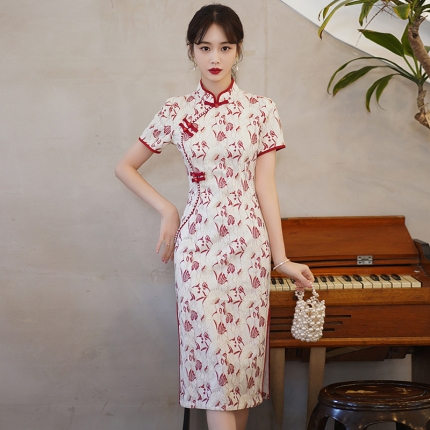 RUBY QIPAO DRESS CHEONGSAM CNY/IMLEK/SINCIA - PREMIUM DRESS CHEONGSAM WARNA MERAH PUTIH BAHAN BROKAT