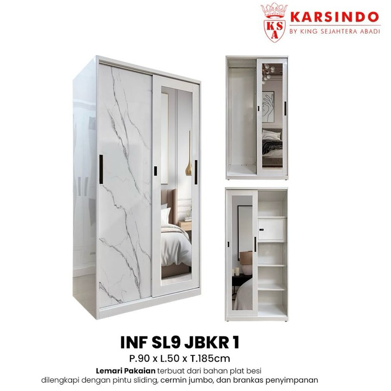 Lemari Baju Pakaian Plat Besi Sliding Cermin 90 Karsindo