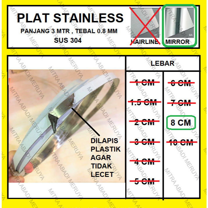 Plat Stainless Mirror 8 cm Plat Strip SS Lis Stainless