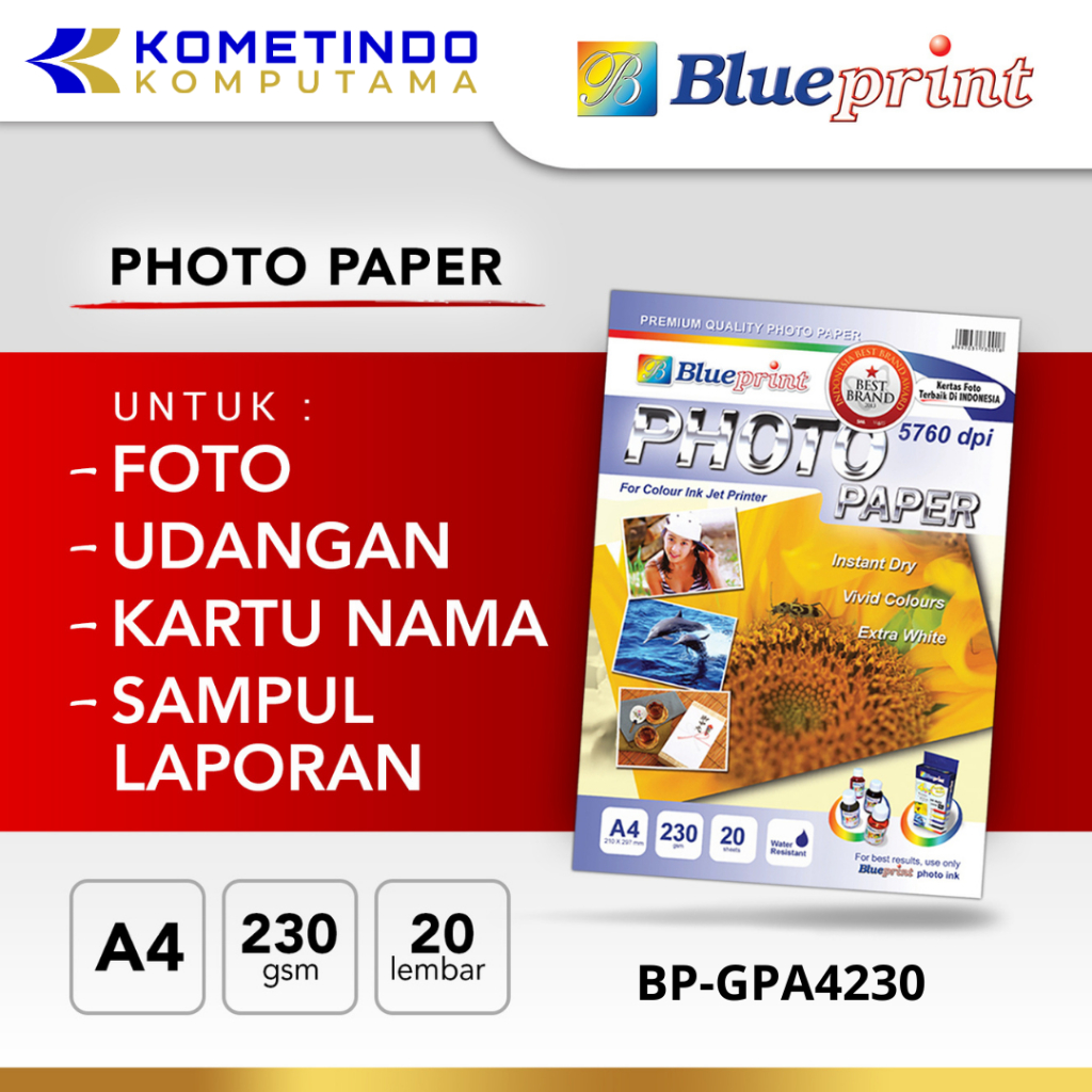 

BP-GPA4230 Kertas Foto A4 BLUEPRINT Glossy Photo Paper 230 GSM A4 - 20 Lembar