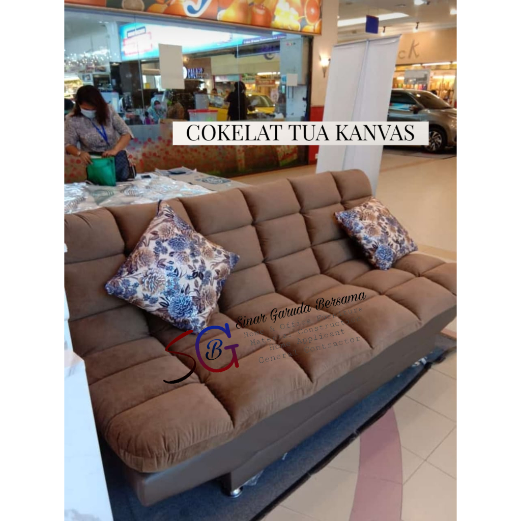 SOFA BED EMPUK MOTIF KOTAK + 2 BANTAL / SOFA BED DACRON SERBAGUNA / SOFA BED BAHAN KANVAS / BAHAN KU