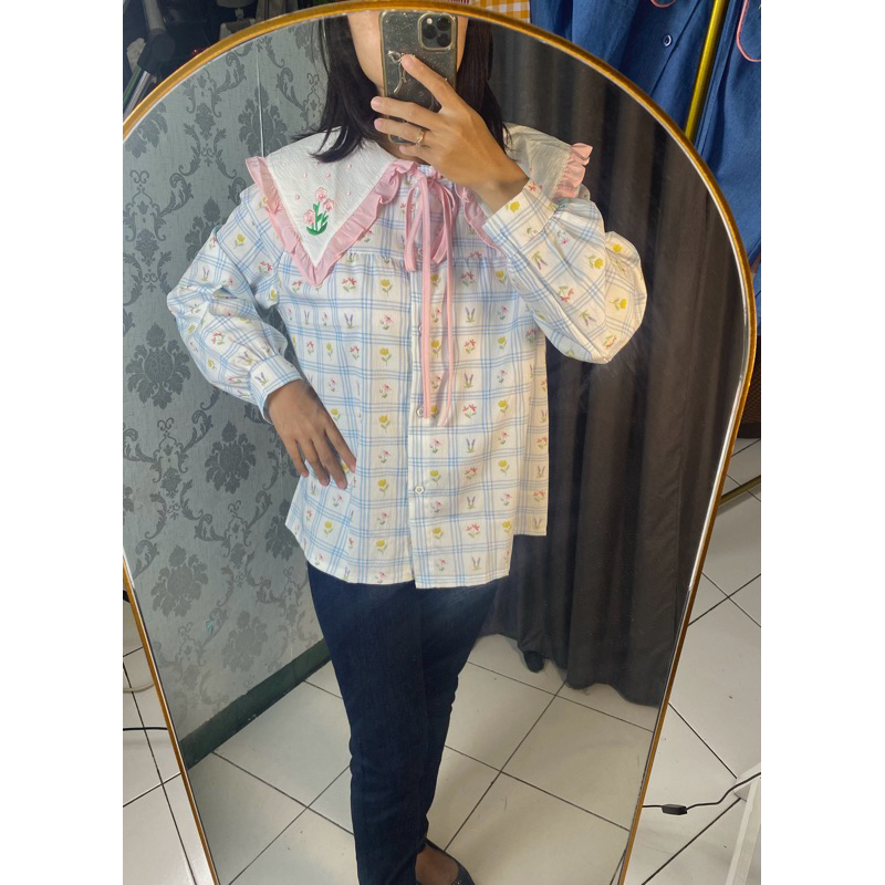 poly lada bunga kerah tali motif bunga kancing muslim wanita baju kemeja atasan perempuan