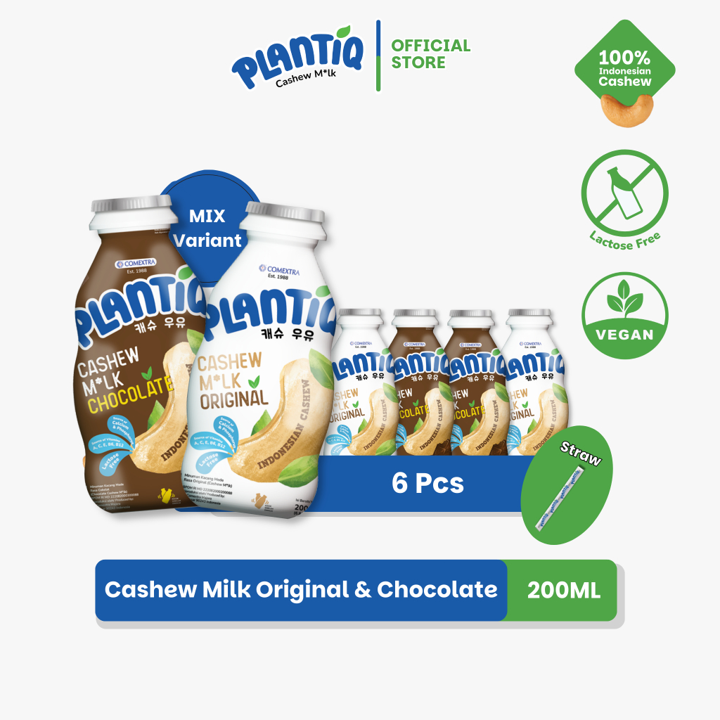 

[6 PCS MIX] PLANTIQ Cashew Milk Original Chocolate 200ml - Susu Kacang Mede Rasa Original & Coklat - Non Dairy Milk Lactose Free