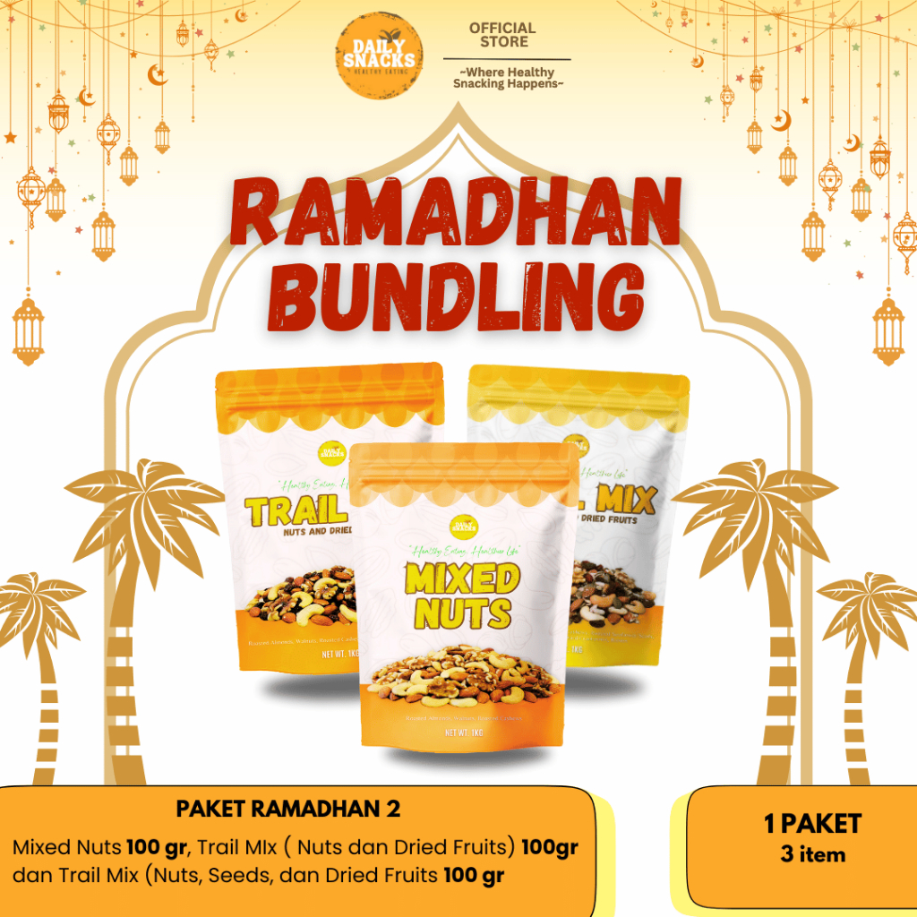 

[BUNDLE RAMADHAN 2] DAILY SNACKS MIXED NUTS 100 GR + TRAIL MIX NUTS, SEEDS, DRIED FRUITS 100 GR + TRAIL MIX NUTS AND DRIED FRUITS 100 GR