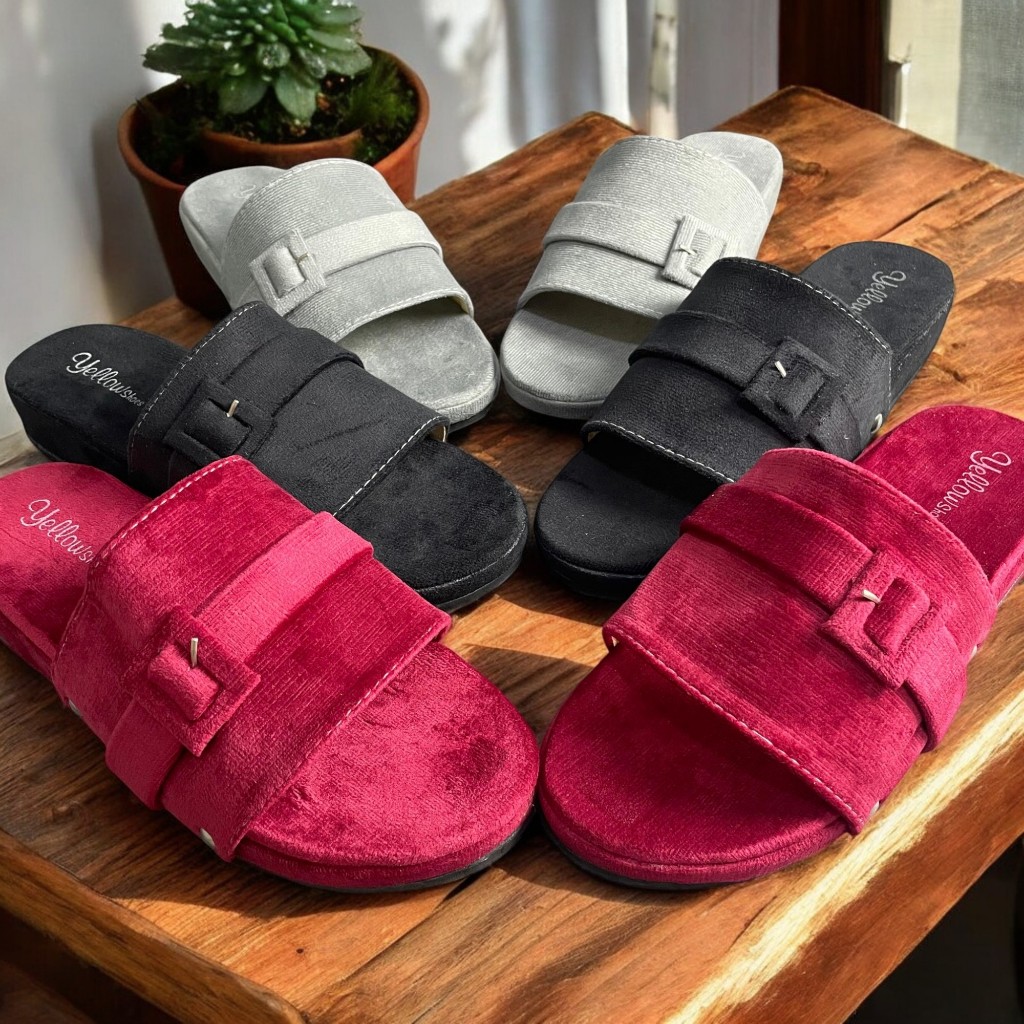 YELLOW Airin - Sandal Selop Wanita Kekinian - Sendal Kokop Gesper Kain Anti Slip